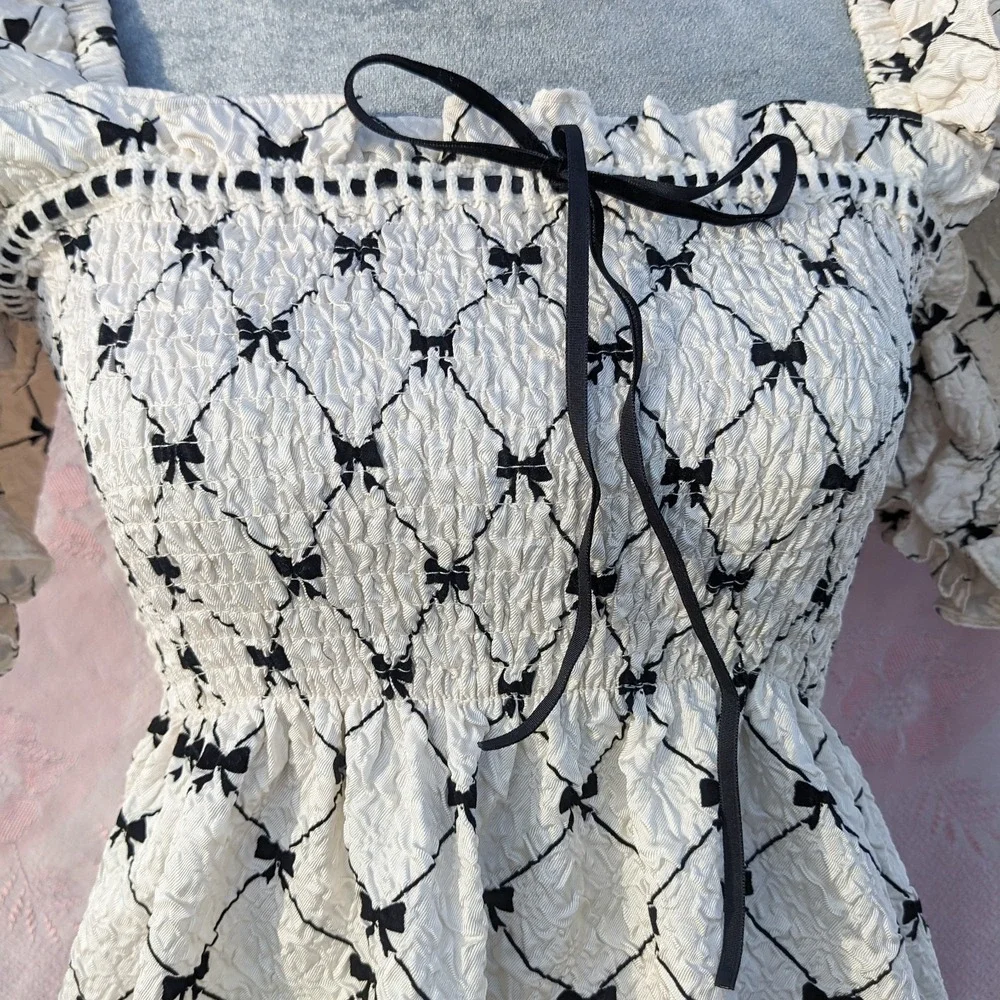 Bow Print Babydoll Mini Dress Small White Puff Sleeve Coquette Cottagecore - Picture 4 of 12
